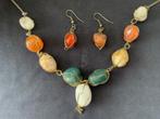 Vintage set carneool aventurijn kwarts ketting en oorbellen, Oranje, Ophalen of Verzenden, Zo goed als nieuw, Met edelsteen