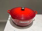 Le Creuset braadpan 34 cm kersenrood gebruikt, Gebruikt, Gietijzer, Ophalen of Verzenden, Keramische plaat