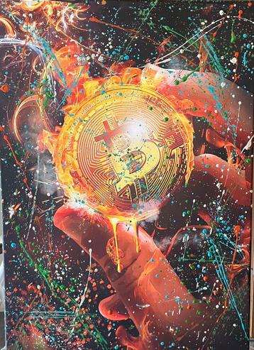 Bitcoin- Mixed Media- Katoenen canvasdoek-70x50cm beschikbaar voor biedingen