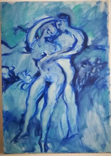 Liefdespaar. Naakt. Acryl op doek. In de sfeer Chagall. 