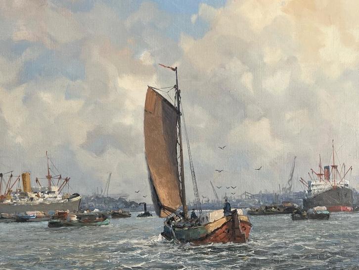 M. de Jongere, ingelijst Rotterdams havengezicht, Antiek en Kunst, Kunst | Schilderijen | Klassiek, Ophalen