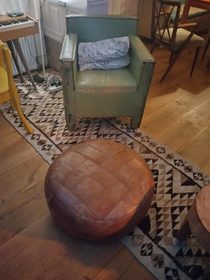 Groene vintage industriële stoel leder, Huis en Inrichting, Fauteuils, Gebruikt, Ophalen of Verzenden