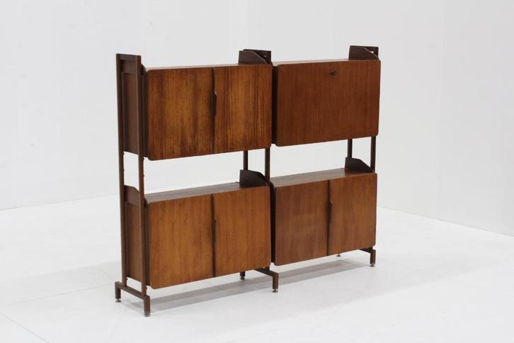 Vintage Italiaanse Mid-century wandkast boeken teak 1960s, Huis en Inrichting, Kasten | Dressoirs, Gebruikt, 150 tot 200 cm, 25 tot 50 cm