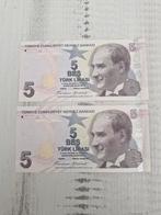 Turkije 5 Lira Biljetten 2 stuks UNC, Postzegels en Munten, Bankbiljetten | Europa | Niet-Eurobiljetten, Ophalen of Verzenden