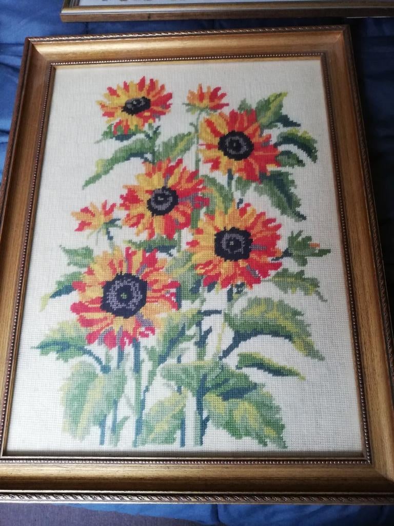 Geborduurd schilderij zonnebloemen 43x54 cm, Antiek en Kunst, Kunst | Schilderijen | Klassiek, Ophalen