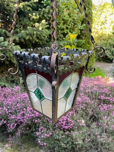 Ganglamp Hanglamp Hallamp 'glas in lood', Huis en Inrichting, Lampen | Hanglampen, Gebruikt, 50 tot 75 cm, Ophalen of Verzenden