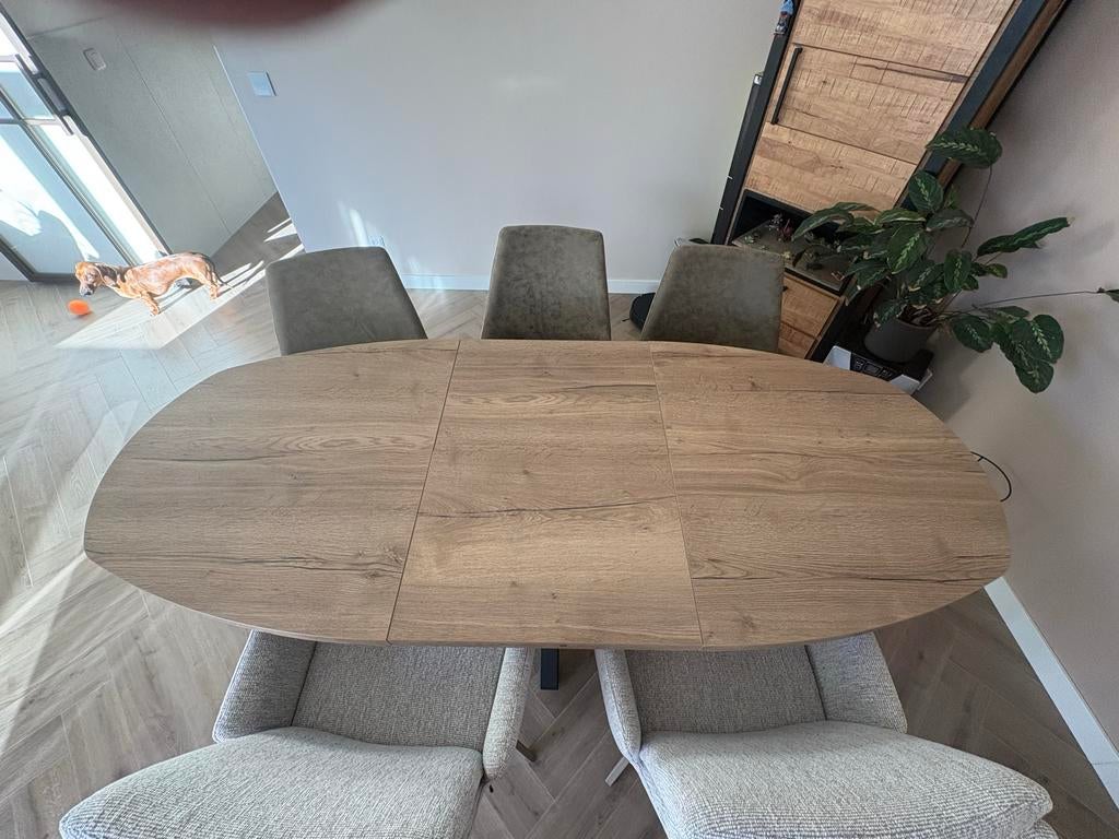 Nieuwe deens ovale Uitschuifbare Eettafel -, Ophalen, Modern, zwarte kruis poot, Nieuw, 50 tot 100 cm