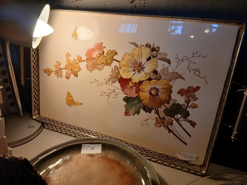 Antiek dienblad met bloemen en vlinders decoratie, Huis en Inrichting, Woonaccessoires | Dienbladen, Ophalen of Verzenden, Gebruikt