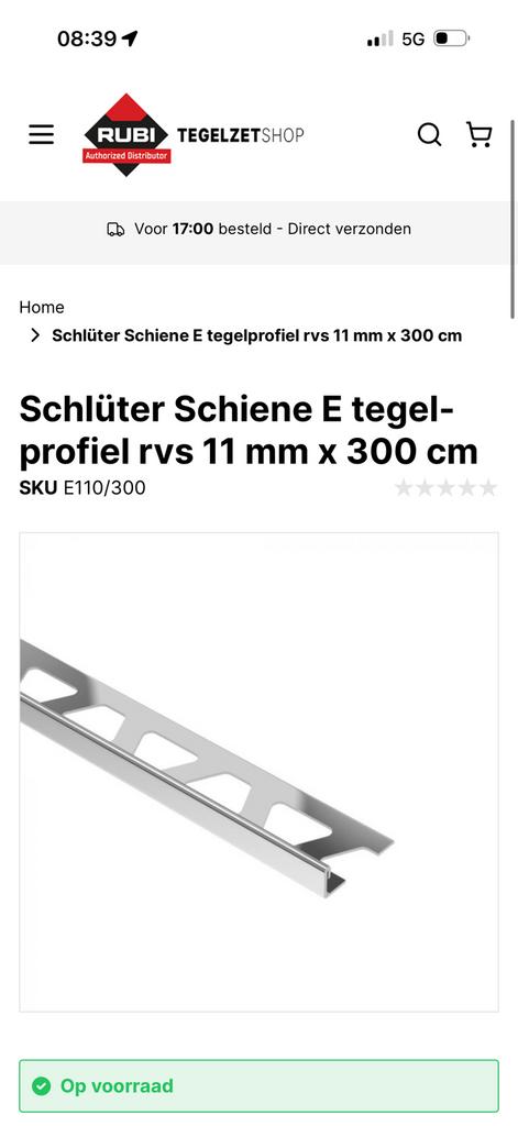 Schlüter Schiene E tegelprofiel rvs 11 mm x 300 cm, Ophalen of Verzenden