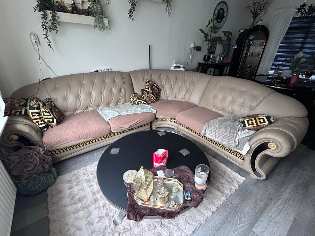 Luxe Versace Stijl Hoekbank - Beige Leer, Ophalen, Gebruikt, 100 tot 125 cm, Hoekbank