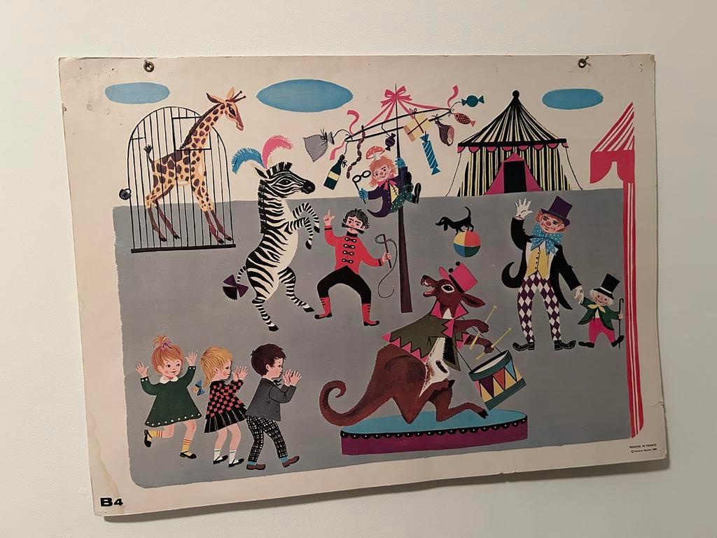 Vintage Schoolplaat Circus Dieren - Karton 50x60cm, Antiek en Kunst, Ophalen, Overige thema's