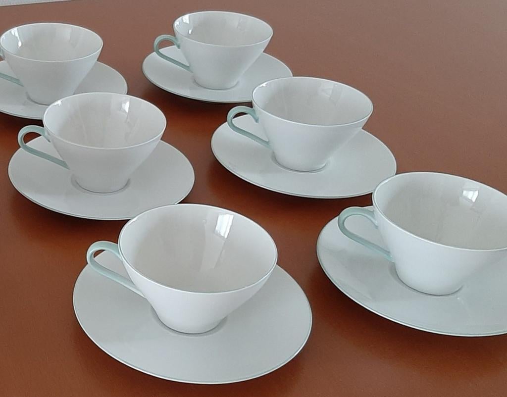 6 LEUKE VINTAGE KOP&SCHOTELS MET TURQUOISE RANDJE  ALS NIEUW, Antiek en Kunst, Ophalen of Verzenden