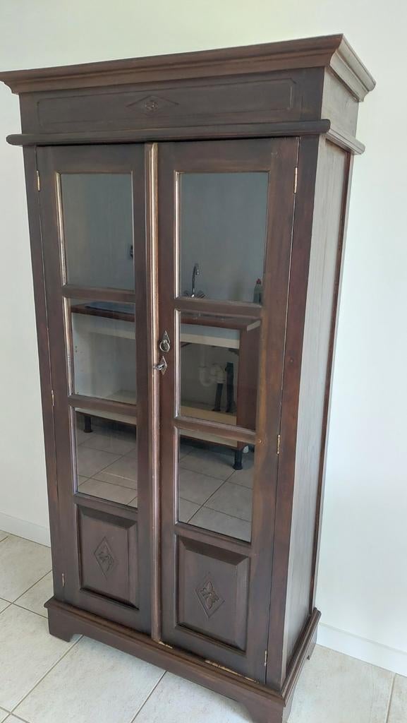 Vitrinekast koloniaal teakhout, Ophalen, 25 tot 50 cm, Glas, 150 tot 200 cm