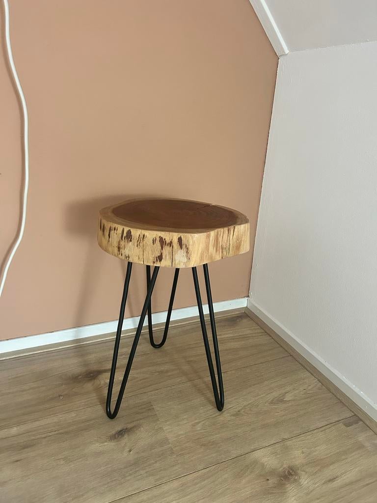 2 boomstam bijzettafeltjes, 46 cm hoog, Huis en Inrichting, Tafels | Bijzettafels, Minder dan 55 cm, Gebruikt, Overige vormen