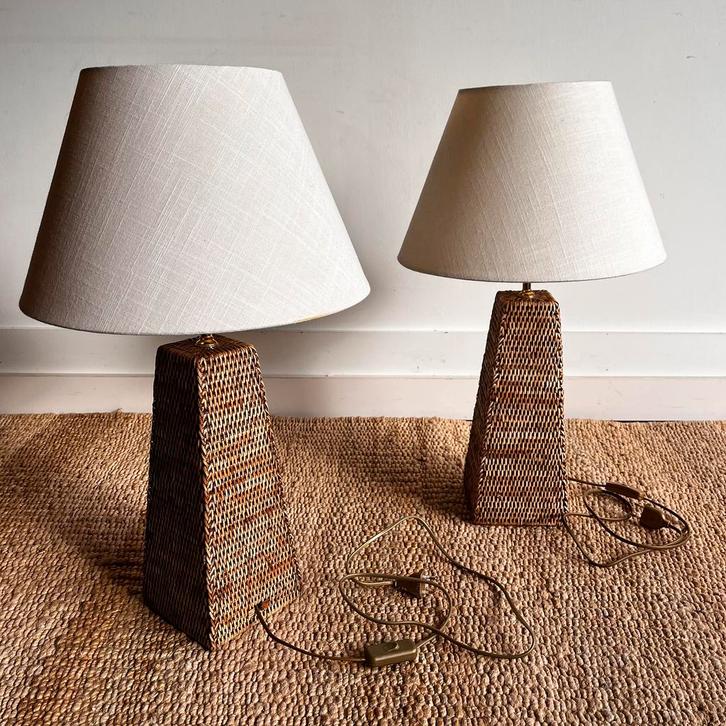 SALE Set 2 Birma rieten rotan tafellamp vintage, Huis en Inrichting, Lampen | Tafellampen, Minder dan 50 cm, Ophalen of Verzenden