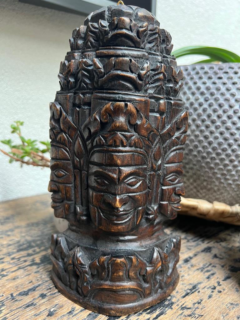 Boeddha 3 gezichten handwerk houtsnijwerk cambodja boeddha, Antiek en Kunst, Ophalen of Verzenden