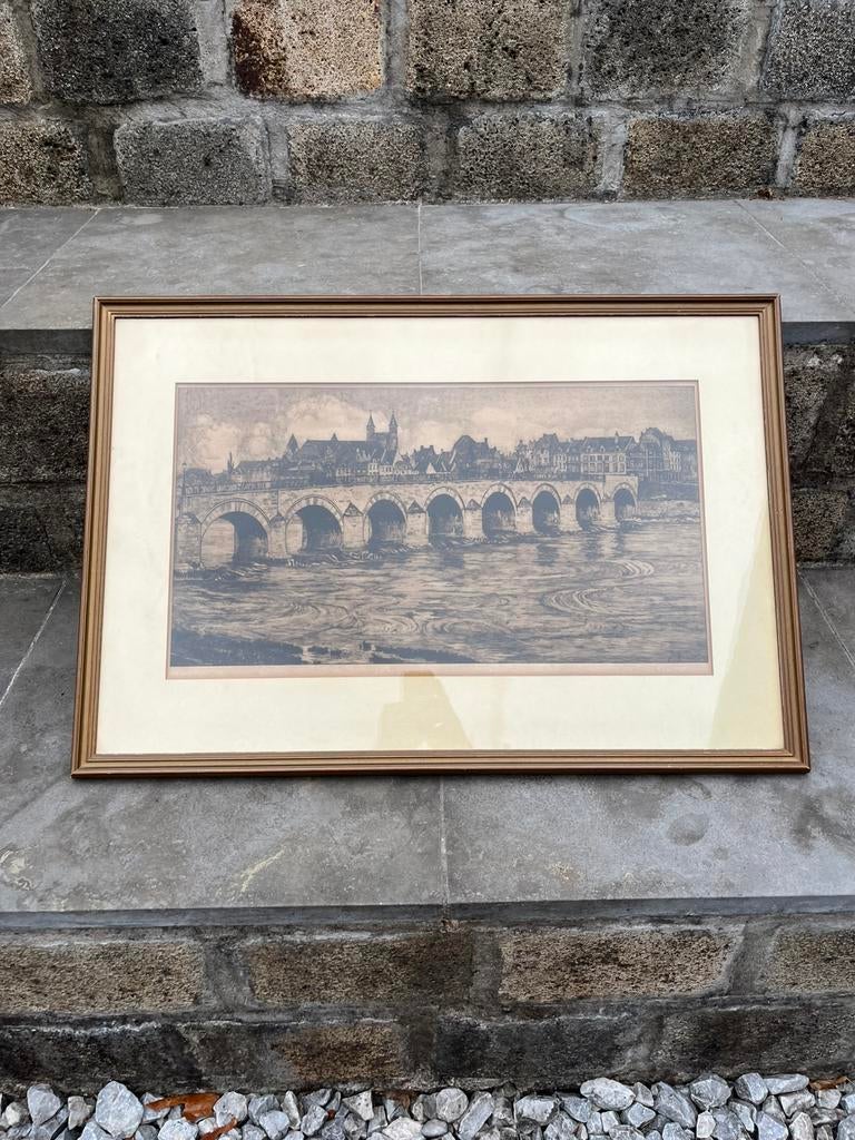 ‘Gezicht op de Maasbrug te Maastricht'  Van Han Jelinger, Antiek en Kunst, Kunst | Tekeningen en Foto's, Ophalen