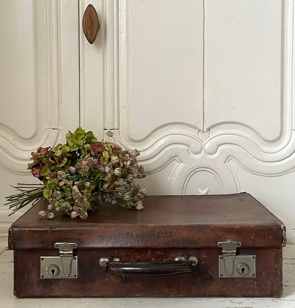 Brocante oude leren koffer met sleuteltje, Antiek en Kunst, Ophalen of Verzenden