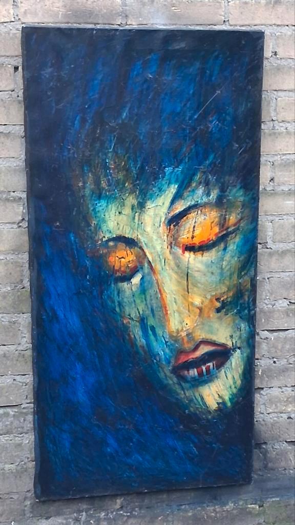 Une jeune femme rencontre l' obscurité bleue. 50/100 cm., Antiek en Kunst, Kunst | Schilderijen | Abstract, Ophalen