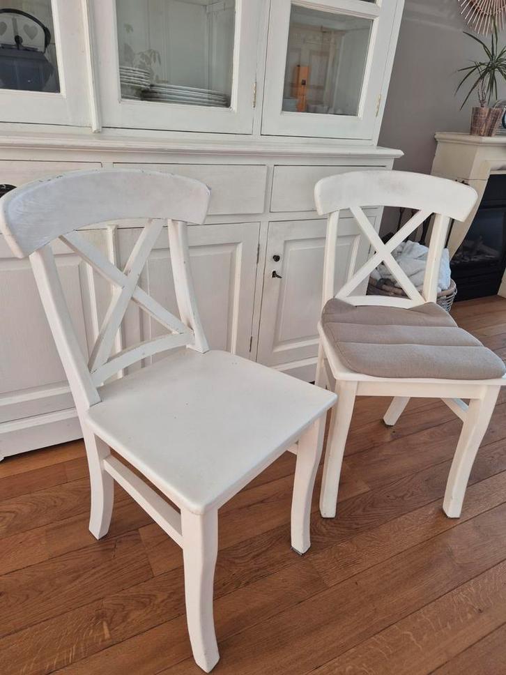 6 Witte Houten Eetkamerstoelen - Landelijke Stijl., Huis en Inrichting, Stoelen, Gebruikt, Vijf, Zes of meer stoelen, Hout, Wit