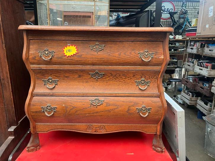 Antiek eikenhouten buikkastje met 3 lades en messing beslag, Huis en Inrichting, Kasten | Boekenkasten, Gebruikt, 50 tot 100 cm