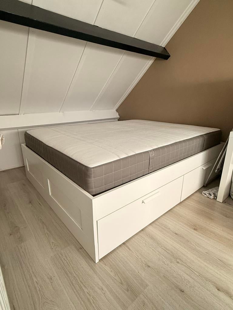 Wit IKEA Brimnes bed met 4 lades, met matras, Ophalen, Gebruikt, Wit, Tweepersoons