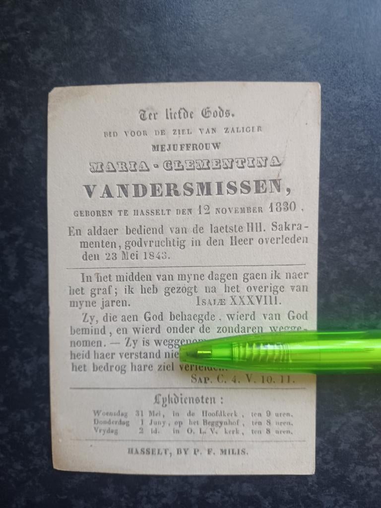 Bidprentje Hasselt Maria Vandersmissen 1830 1843, Ophalen, Bidprentje