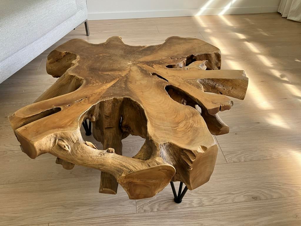 Salontafel massief hout troubadour, Ophalen, Rond, 50 tot 100 cm, Zo goed als nieuw