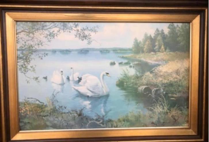 Origineel schilderij van N. Gero : Zwanen (100x70), Antiek en Kunst, Kunst | Schilderijen | Klassiek, Ophalen of Verzenden