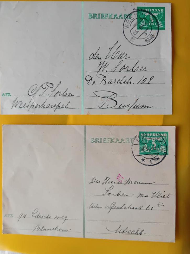 2 briefkaarten uit 1943 en 1945 - Weesperkarspel & Bennekom, Verzamelen, Ansichtkaarten | Nederland, Ophalen of Verzenden