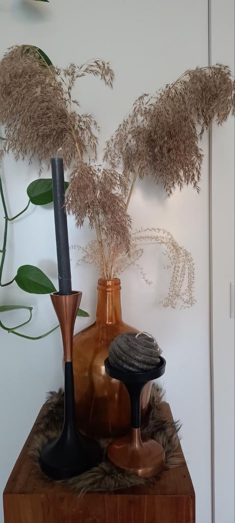 Woonaccessoires, vaas met pluimen en kaarsenstandaard, Ophalen of Verzenden, Zo goed als nieuw