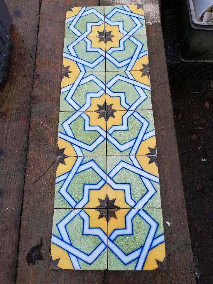 12 antieke Franse tegels (Devres), 13x13 cm groen/geel/blauw, Antiek en Kunst, Antiek | Wandborden en Tegels, Ophalen