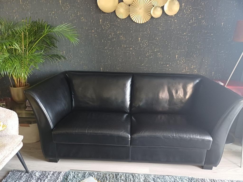 Bank zwarte leer, Gebruikt, Driepersoons, Ophalen of Verzenden, 200 tot 250 cm