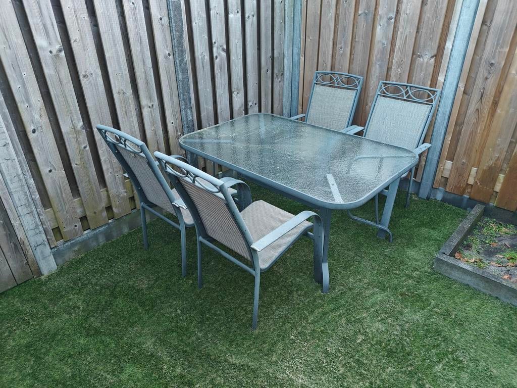 Tuinset met glazen tafel (153x97.5 cm) en 4 stoelen, Tuin en Terras, Ophalen, Gebruikt, Tuinset, Eettafel