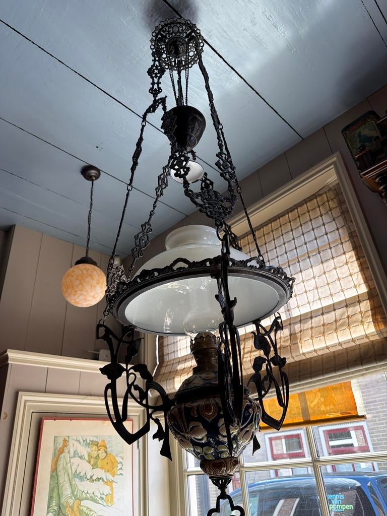 Antieke olielamp / hanglamp met Delfts blauw decor, Ophalen of Verzenden
