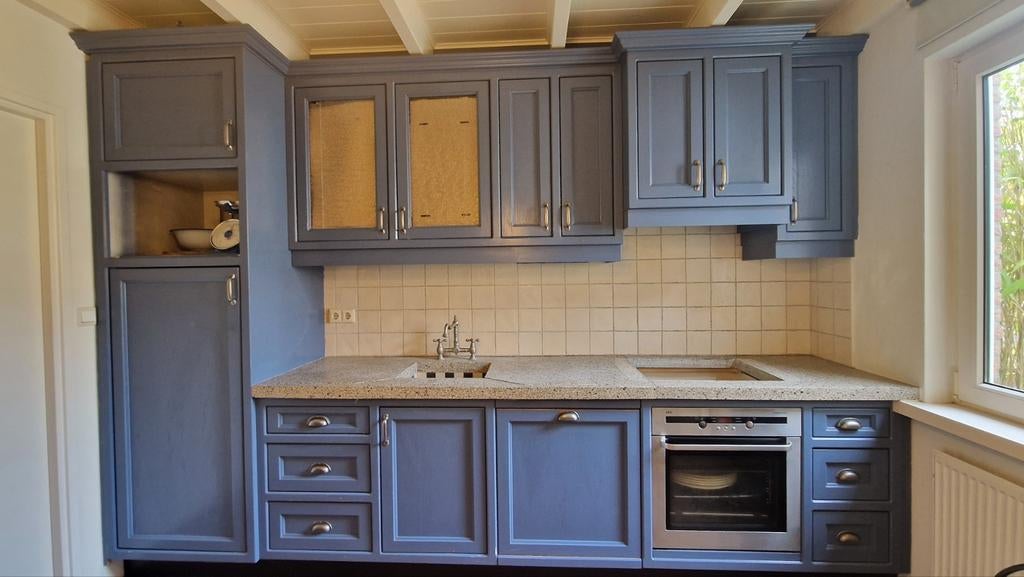 Oerdegelijke houten landelijke keuken met granieten blad, Ophalen, Gebruikt, Graniet of Steen, Hoekkeuken