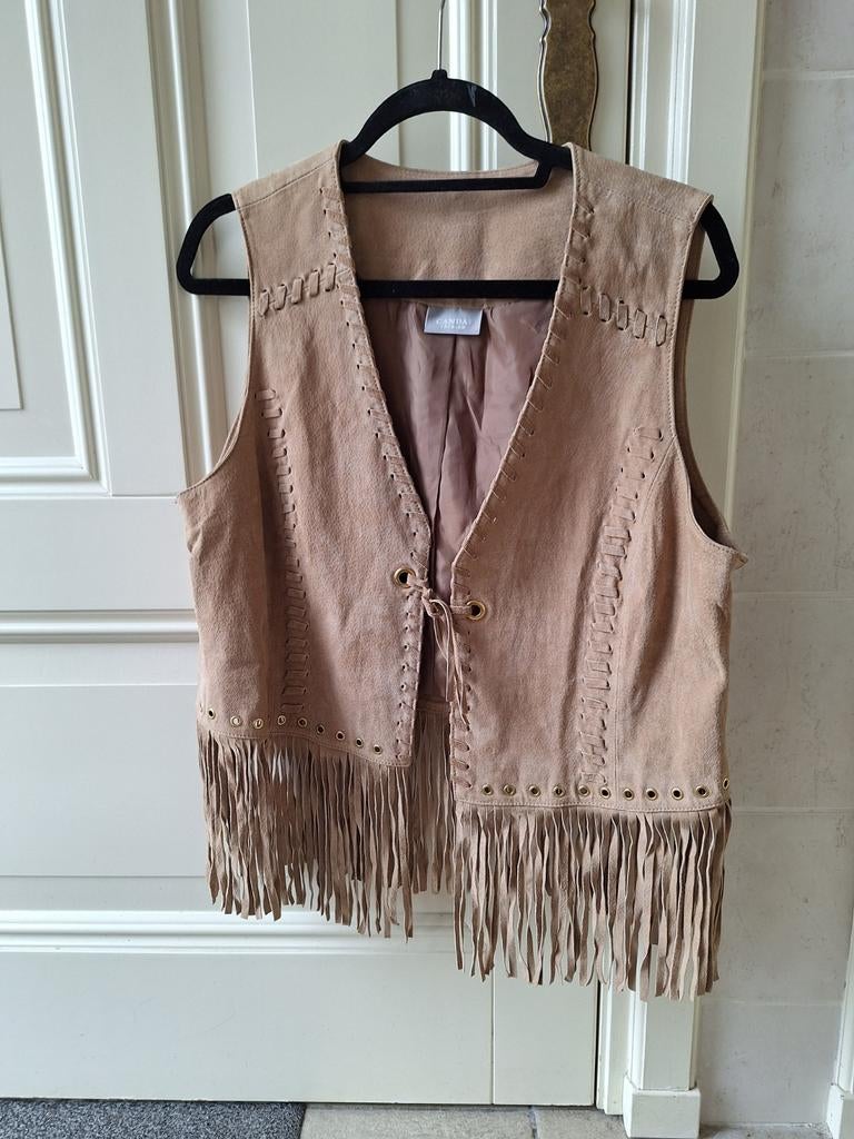 Lederen hesje met franjes, CANDA PREMIUM, Beige, Maat 42/44 (L), Ophalen of Verzenden