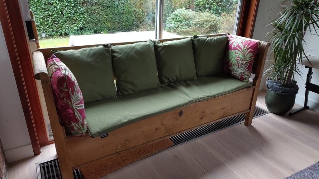 Grenen houten keukenbank met opbergruimte en kussens, Ophalen, Gebruikt, 150 tot 200 cm, Driepersoons