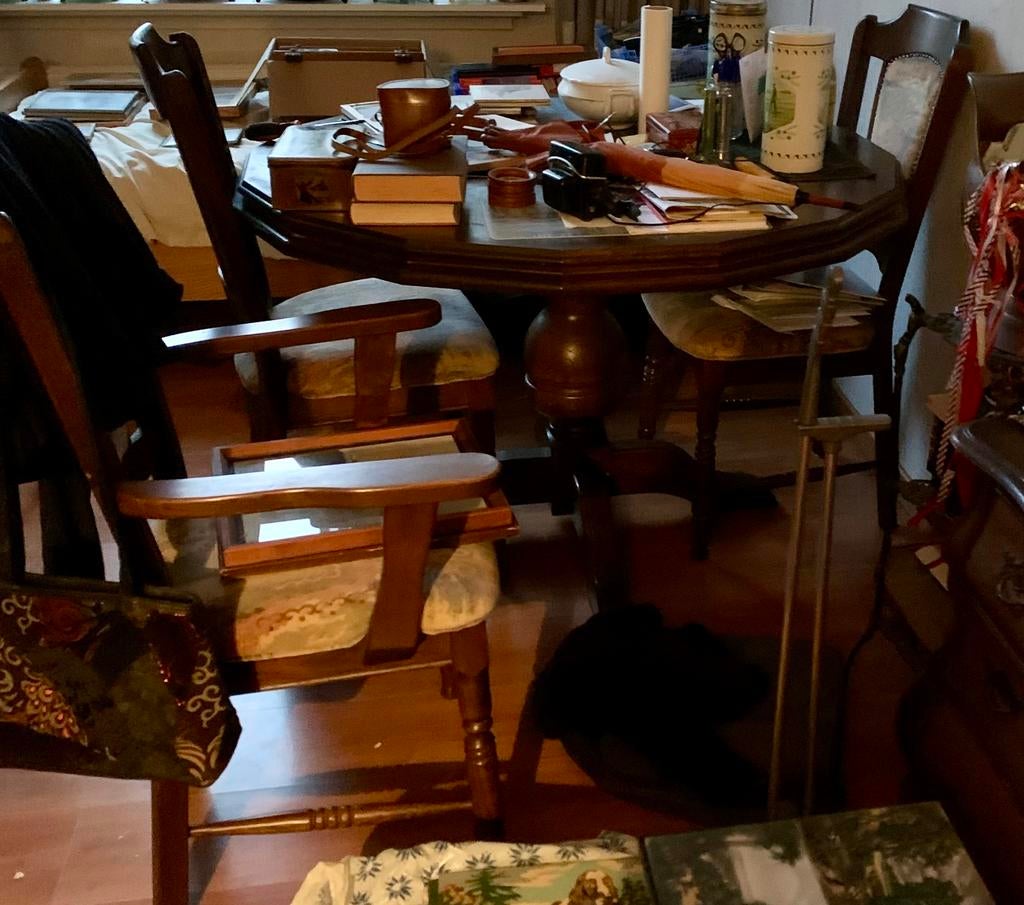 Zwaar eiken eethoek met 6 stoelen, Ophalen, Gebruikt, Retro, 4 tot 6 stoelen