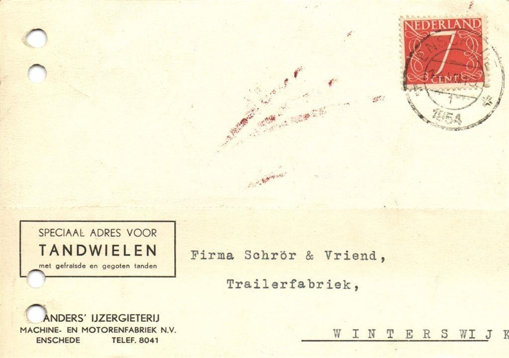 Sanders IJzergieterij, Enschede - 07.1954 - briefkaart, Ophalen of Verzenden, Briefkaart