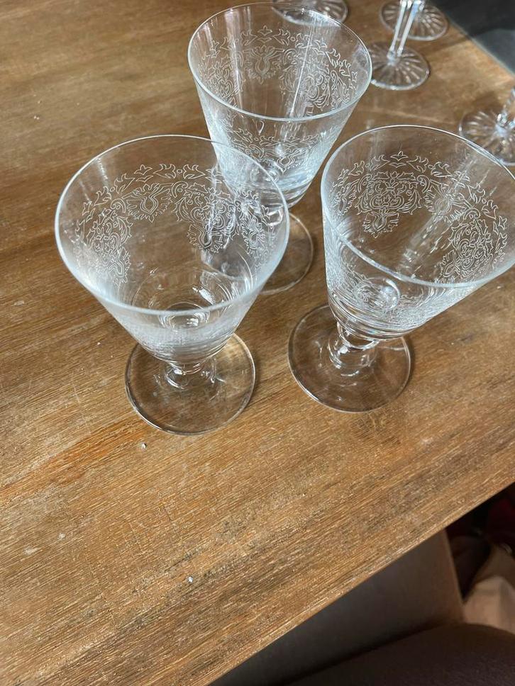 Set van  3 antieke  wijnglazen met gravure, Antiek en Kunst, Antiek | Glas en Kristal, Ophalen