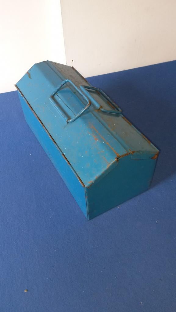 Vintage blauwe metalen gereedschapskist kistje, Ophalen of Verzenden, Gebruikt