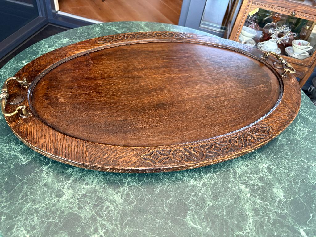 Brocante dienblad, Ophalen, Gebruikt, Ovaal, Hout