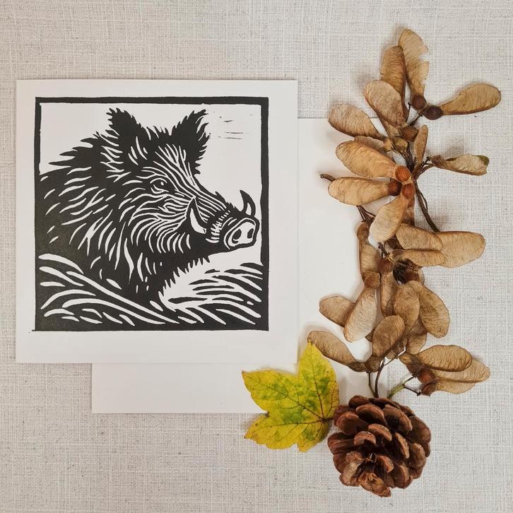 Dubbele kaart met envelop handgemaakt linosnede 15x15 cm, Diversen, Wenskaarten, Nieuw, Ophalen of Verzenden