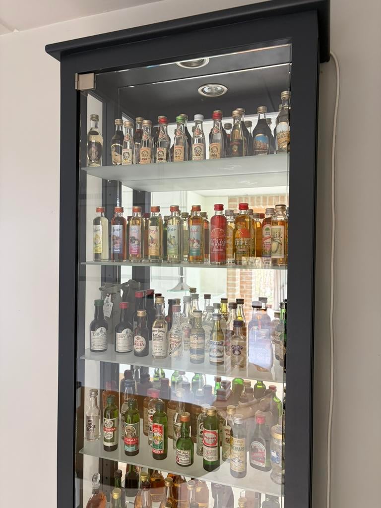 Vitrinekast met mini drankflesjes, Ophalen, 50 tot 100 cm, Zo goed als nieuw, 150 tot 200 cm