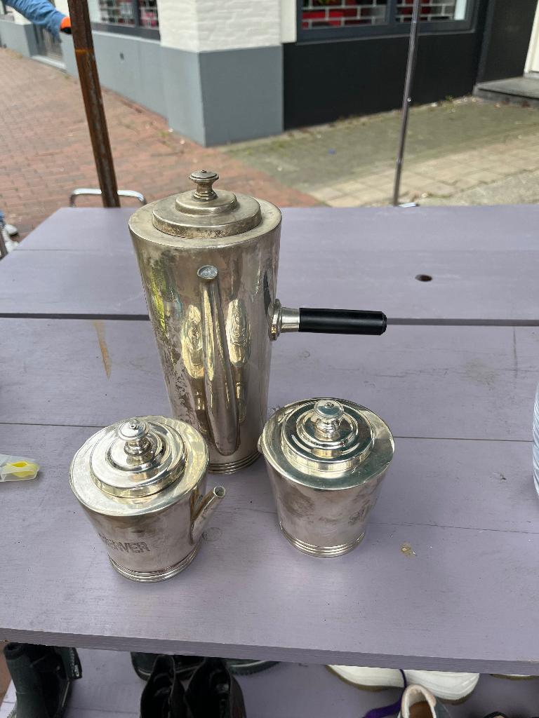 Verzilverde koffiekan en suiker/melkpot, Antiek en Kunst, Ophalen