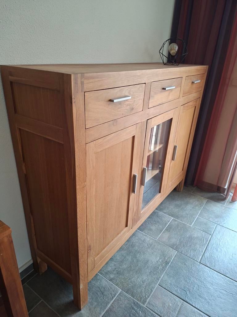 Massief eiken dressoir met lades en deuren, Ophalen, Glas, Gebruikt, Met deur(en)