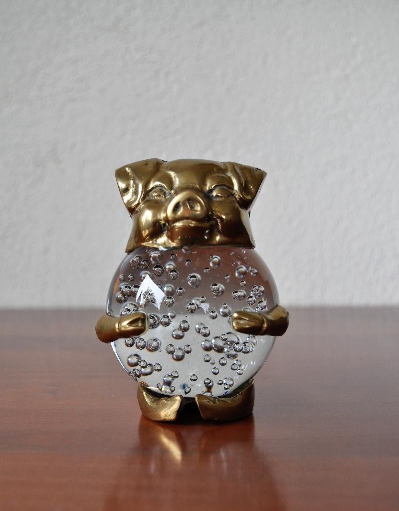 Presse Papier Varken Koper Glas 9 cm, Antiek en Kunst, Ophalen of Verzenden