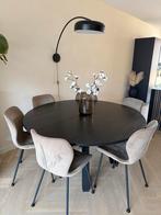 Woood eettafel (1.50m) met 6 taupe velvet stoelen, Ophalen, Gebruikt, 100 tot 150 cm, Rond