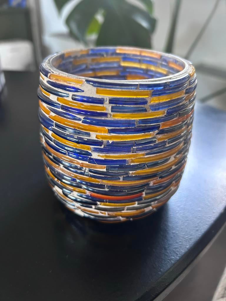 Glazen bloempot met mozaïekpatroon waxine lichtje, Tuin en Terras, Bloempotten, Overige materialen, Rond, Binnen, Ophalen of Verzenden